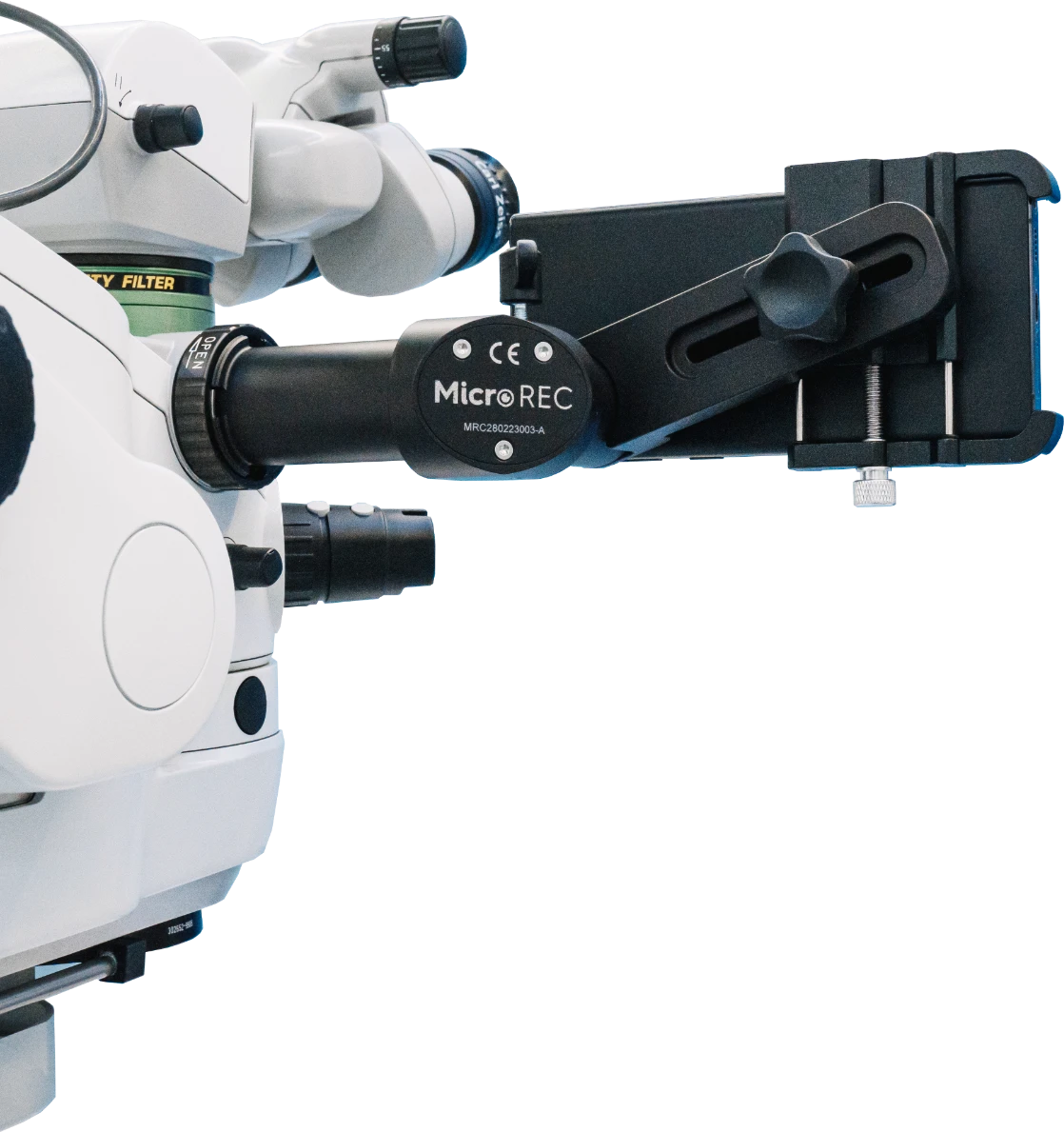 Close-up of the MicroREC beam splitter and universal holder on a Carl Zeiss microscope eyepiece